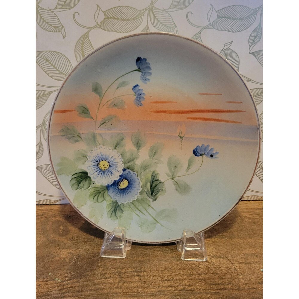 Antique Hand Painted Nippon Blue Floral Plate with Sunset by The Jonroth Studios